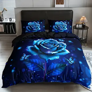 3PC blue rose butterfly flower quilt cover set (1 quilt cover + 2 pillowcases, excluding pillow core quilt core), high definition printing in home dormitory