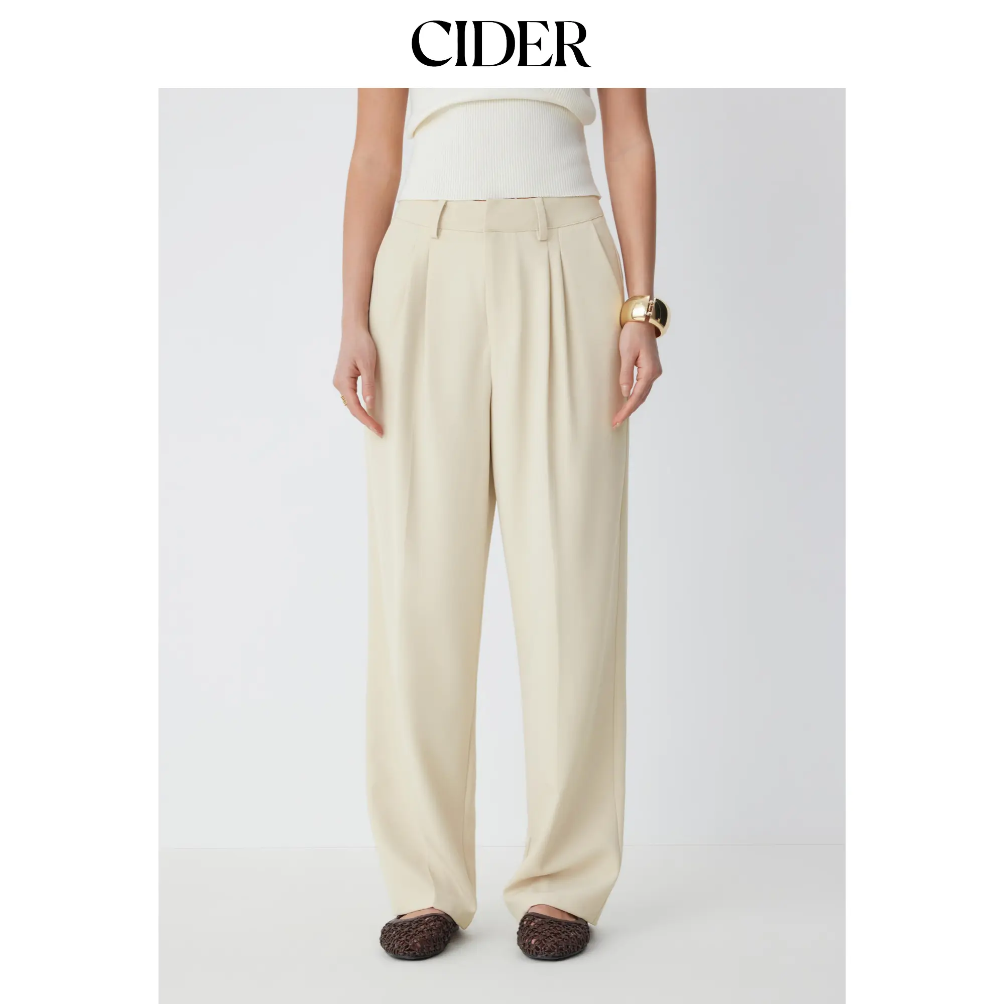 Cider Women's Mid Rise Pleated Straight Leg Pants, Casual Solid Trousers, Streetwear Bottoms for Work Office Wear, Bottom, Lady, Effortless Pants, Elastane, Mid Rise Pants