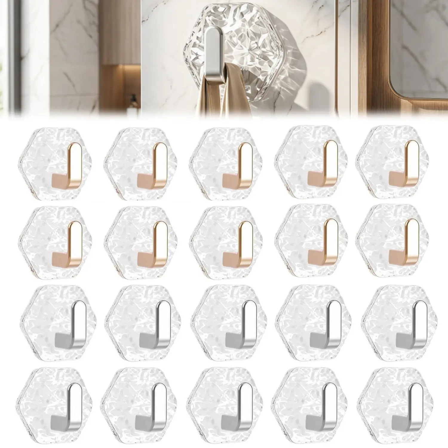 20-Pack Decorative Acrylic Body Hexagon Water Ripple Adhesive Wall Organizer Hooks - No-Drill Installation, Smooth Sturdy Water-Resistant (10 Gold,10 Silver) for Bathroom/Kitchen