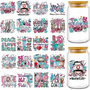 UV DTF Cup Wrap - 20 Sheets Nurse UV DTF Wraps for 16 oz, Bow Daisy Drink Cups Affirmative Uvdtf Stickers for Glass Water Bottles, Pink Blue Rub on Transfer Decals, DIY Nurse