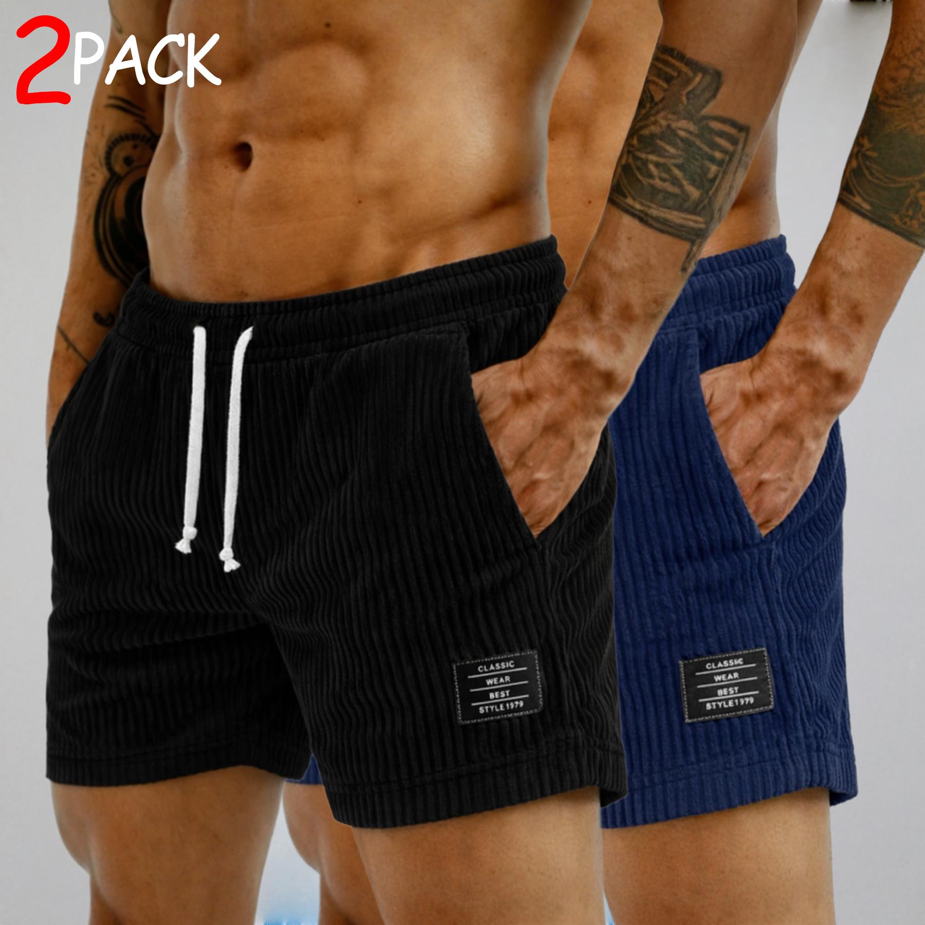 2-Pack Men's Corduroy Drawstring Shorts: Above-Knee Lounge Shorts with a Comfortable Elastic Waistband and Side Pockets—A Casual Multipack for Everyday Wear, Home, Travel, and Weekend Outfits. Easy to Mix and Match for Everyday Style.