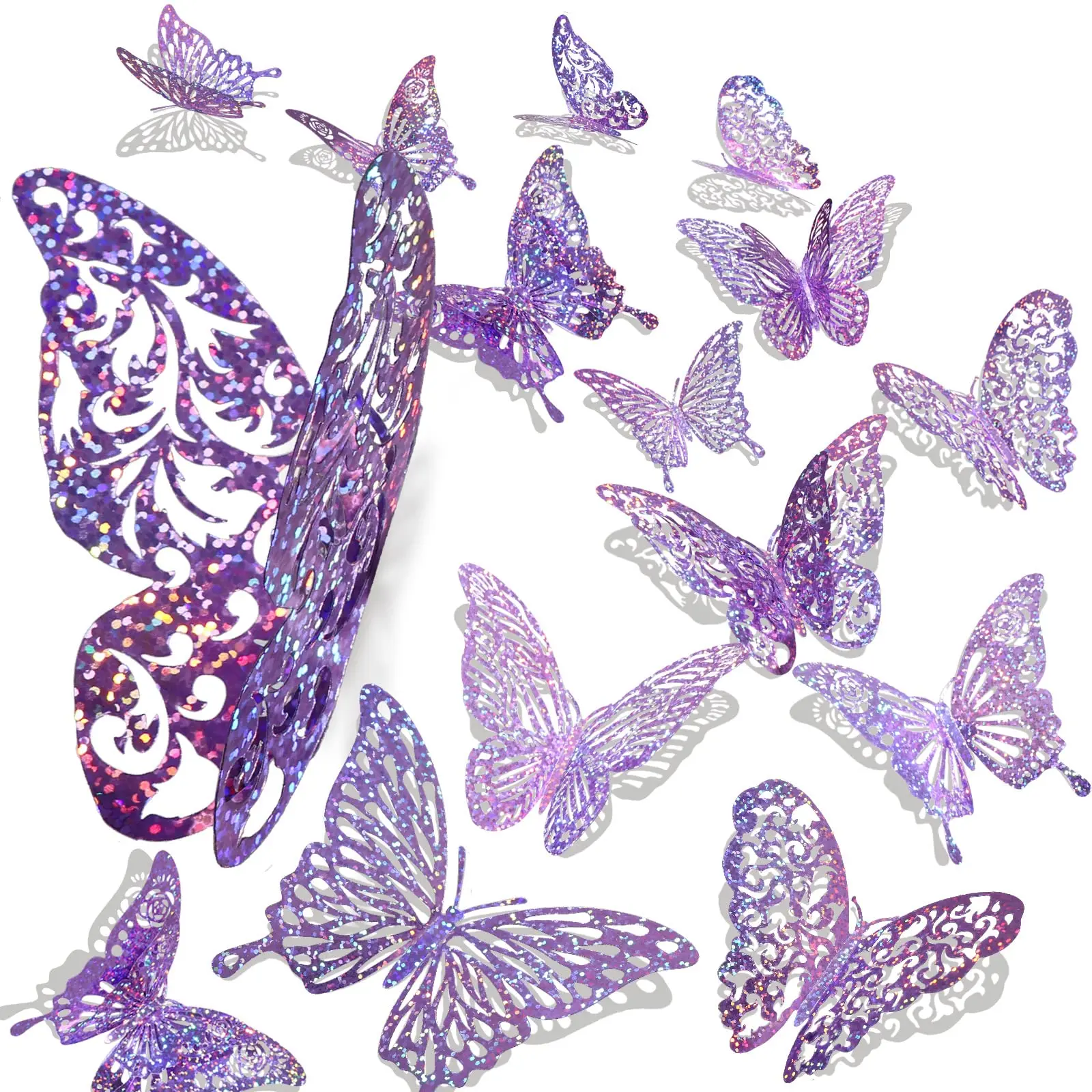 60 Pcs 3D Metallic Butterfly Wall Decor, 5 Styles 3 Sizes Iridescent Butterfly Stickers for Birthday, Baby Shower, Cake, Party & Room Decorations