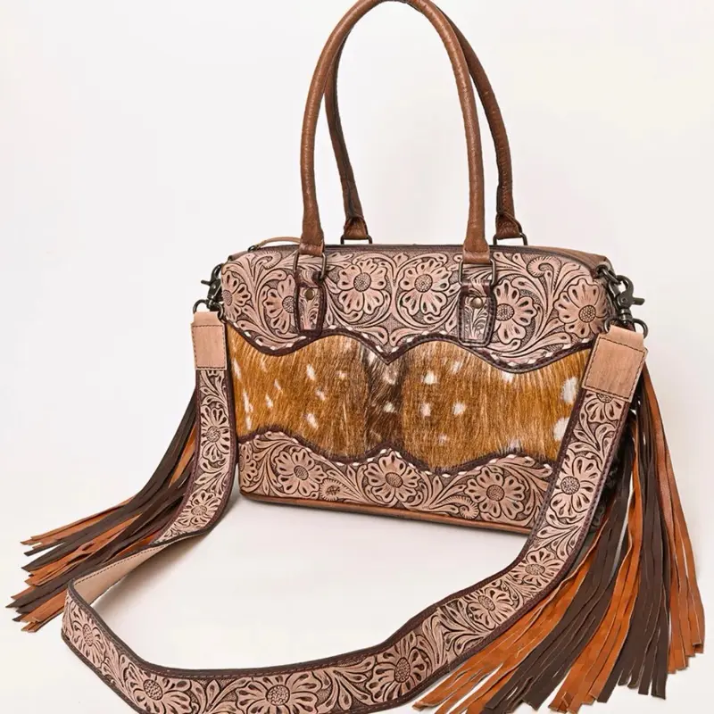 American Darling Hand-Tooled Leather & Hair-On Cowhide Western Tote Bag with Fringe - Genuine Leather *adjustable strastrap will be included instead of the extra long strap in the photo*