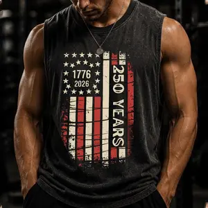 American Retro-Style U.S. Flag Men's Sleeveless Tank Top, U.S. Flag Print Sleeveless Tank Top, U.S. 250 years Sleeveless Tank Top, July 4th Independence Day Sleeveless Tank Top, Unisex U.S. Flag Retro Washed Cotton Sleeveless Tank Top