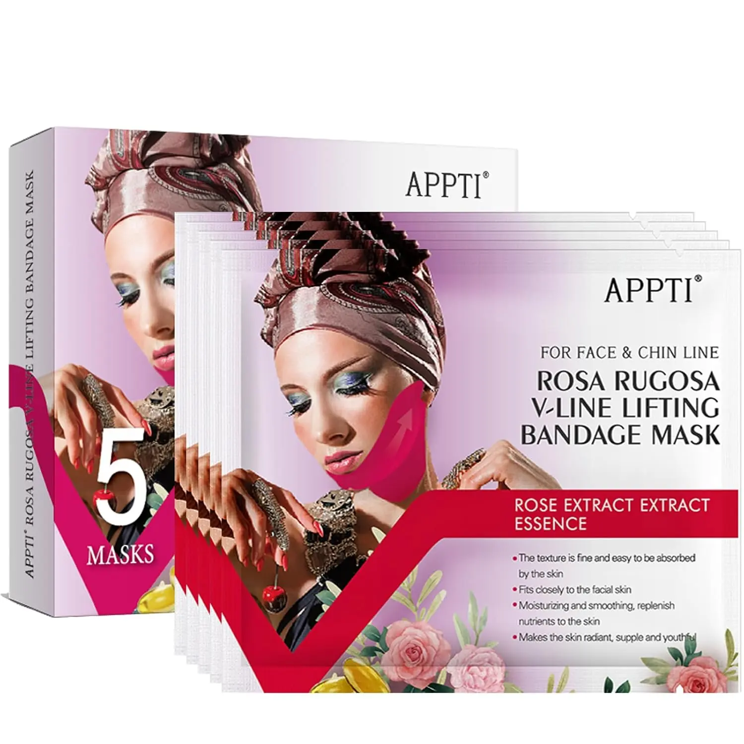 5Pcs Rosa V-Line Lifting Bandage Mask, Double Chin Reducer Face Lifting Mask, Chin Strap for Women, V-Line Shaping Chin Mask,Cheek & Neck Patch