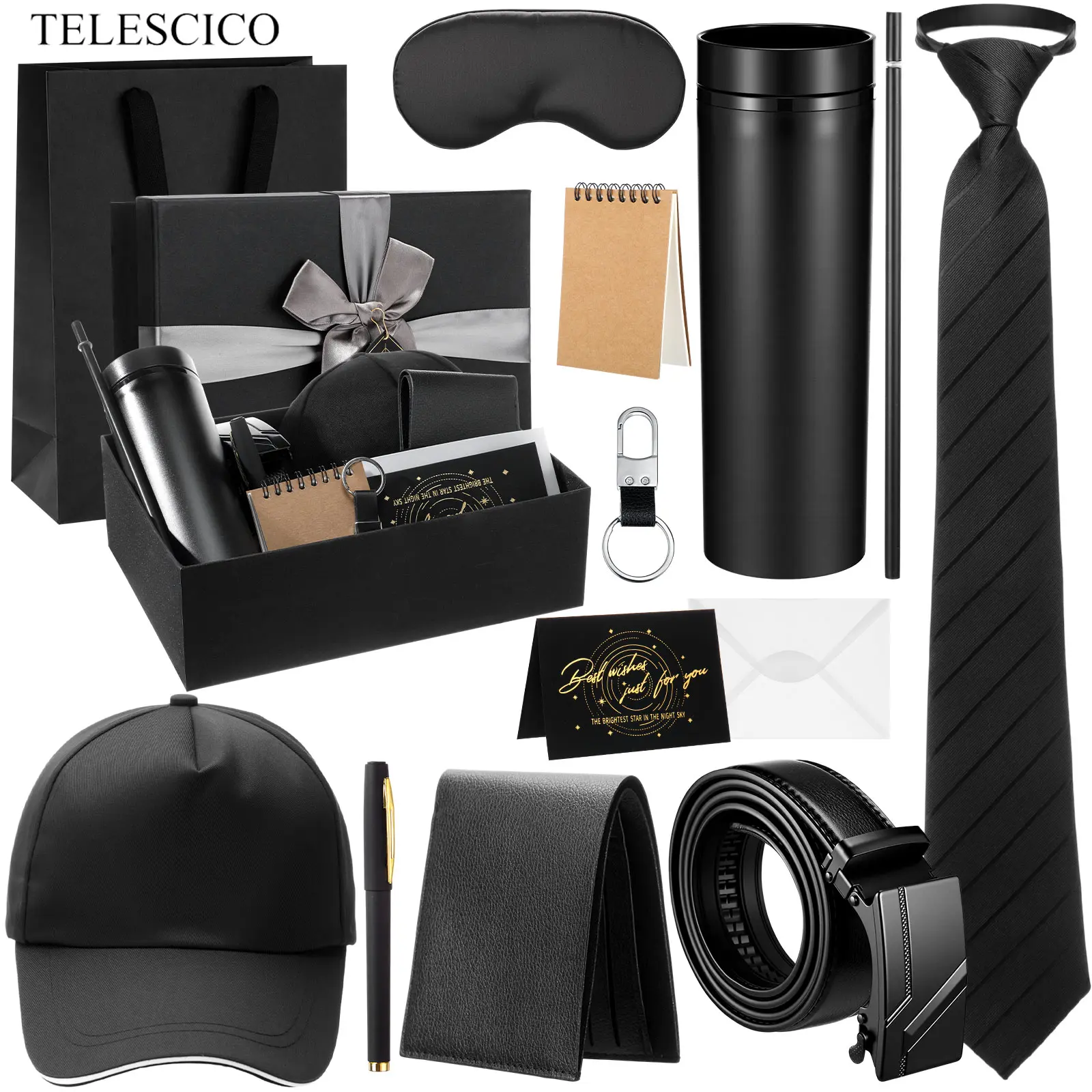 TELESCICO 12 Pcs Birthday Gifts for Men, Basket Box Gifts Set with 16 oz Tumbler Wallet Belt Hat Tie Journal, for Dad Husband Boyfriend Brother(Retro Gift Box)