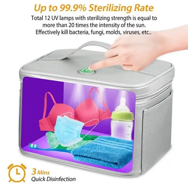 Portable UV Sanitizer Bag, Solid Gray Polyurethane Sterilizer with 12 LEDs for 360° Disinfection in 3 Minutes, USB-Powered for Travel and Baby Items, 9.8"x7.9"x6.3", Uv Sterilizes, Micro-Usb, Friends, Parents, Gary, Uv Sterilizer