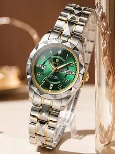 Elegant Women's Watch, Rhombic Cut Case, Emerald Dial with Diamonds, Dual Calendar Display, Waterproof Quartz Wristwatch