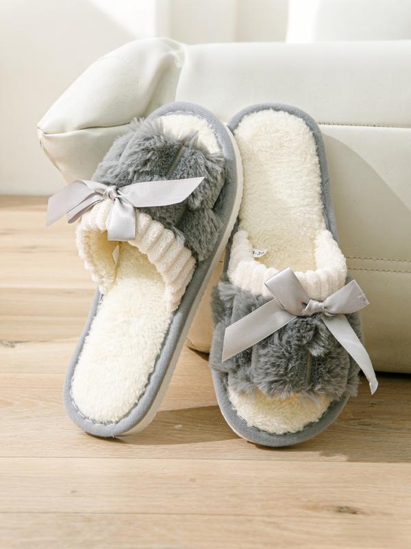 Women's Winter Bowknot Indoor Slippers, Warm Home Use, Living Room Bedroom Shoes, Fashionable Soft Plush Open Toe, Couple Style