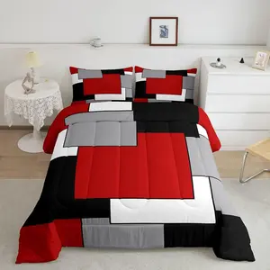 Feelyou Multi-Size Microfiber Bedding Set - Red, Grey, Black, White Geometric Square Grid Patchwork Polyester Fiber Travel-Ready Duvet for Women, Men