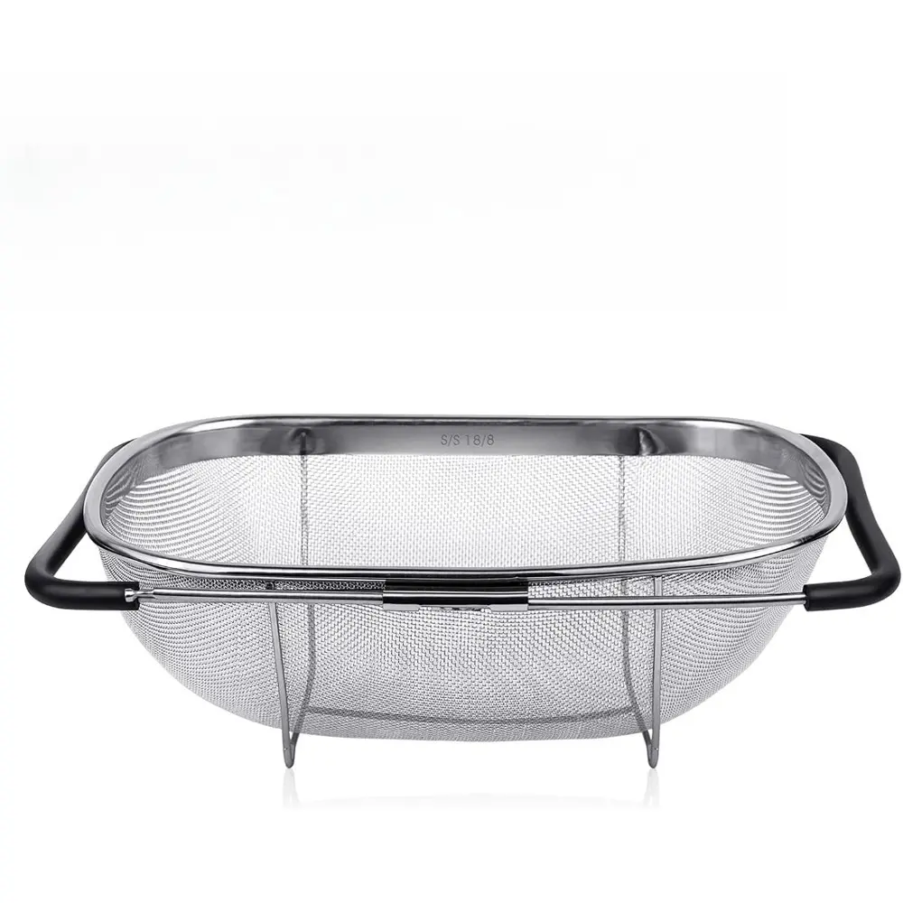 6-Qt Large Over-The-Sink Colander, Heavy-Duty 40% Thicker 18/8 Stainless Steel Fine Mesh Strainer Basket with Expandable Rubber Grip Handles - For Straining, Draining Fruits, Vegetables