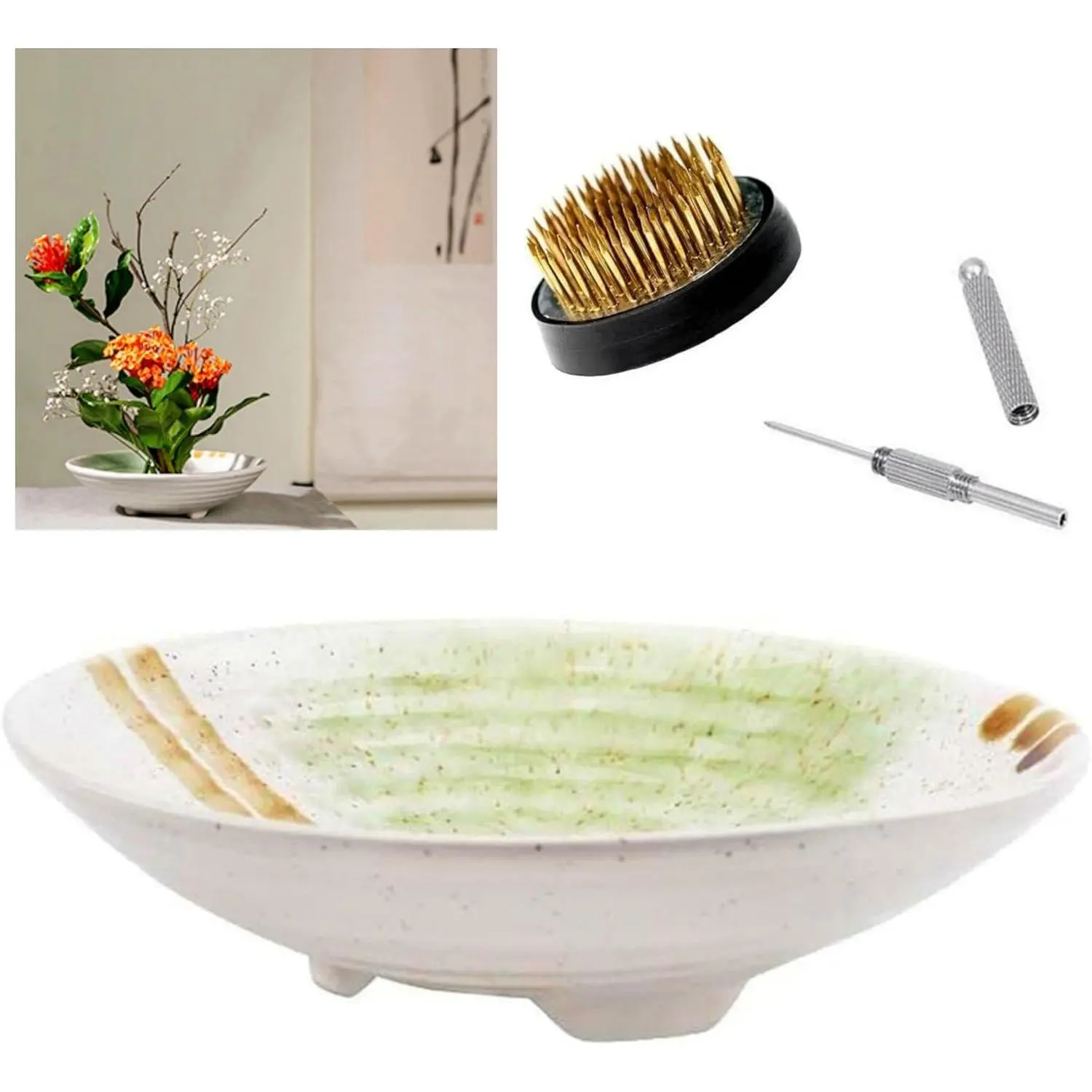 Ikebana Vase Kit, Flower Shallow Container Ceramics Ikebana Vase with 1.57inch Flower Frog Floristry Kenzan and Floral Frog  Straightening Tool (White and Green Bowl)