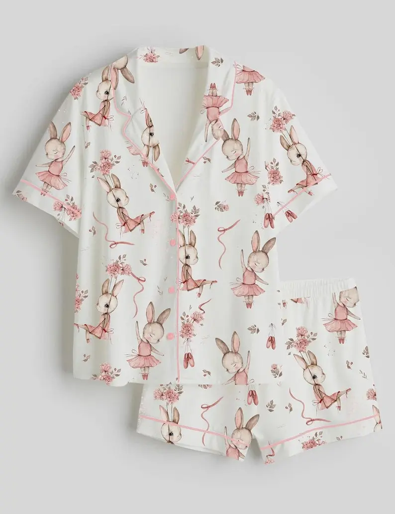Bunny Ballet Pajama Set, Pink Short Sleeve Button Up PJs, Cute Rabbit Sleepwear for Girls, Youth Spring Loungewear Gift
