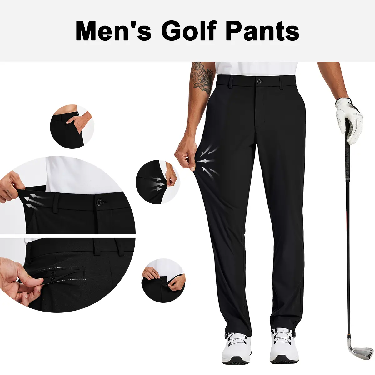 QPNGRP Menswear Straight Button Golf Pants - Lightweight, Quick Dry, Anti-Slip, Stretch, Modest, Sporty Chic Work Dress Slacks with 4 Pockets (30"/32"/34"), Breathable, Work Pants, Buckle, Polyester, 3D-Cutting Design, Casual