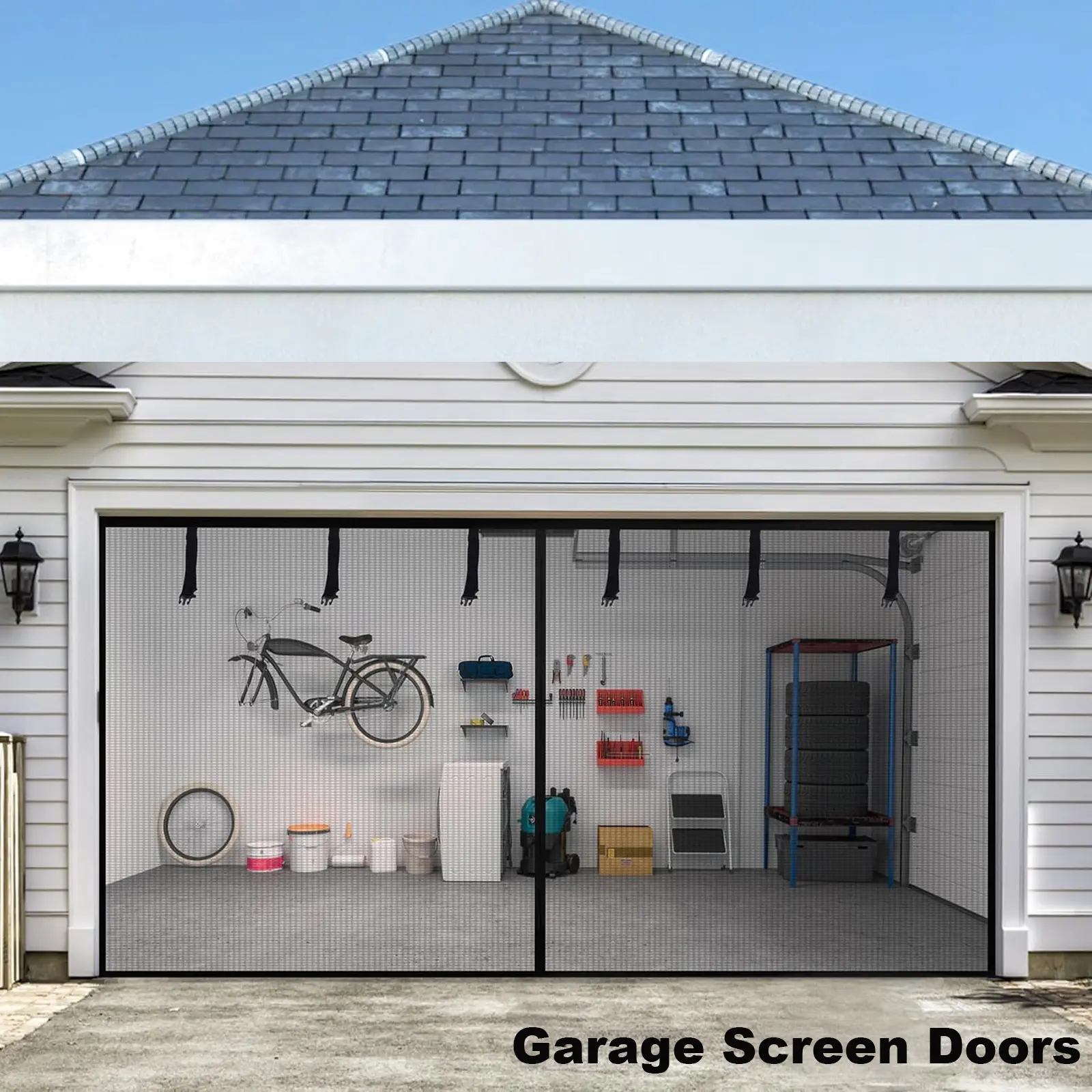 Classic Heavy-Duty Magnetic Garage Screen Door, Hands-Free Auto-Close Reinforced Mesh Curtain with 6 Roll-Up Storage Straps, Bug Blocking for Garage, Patio, Home Improvement Building Supplies