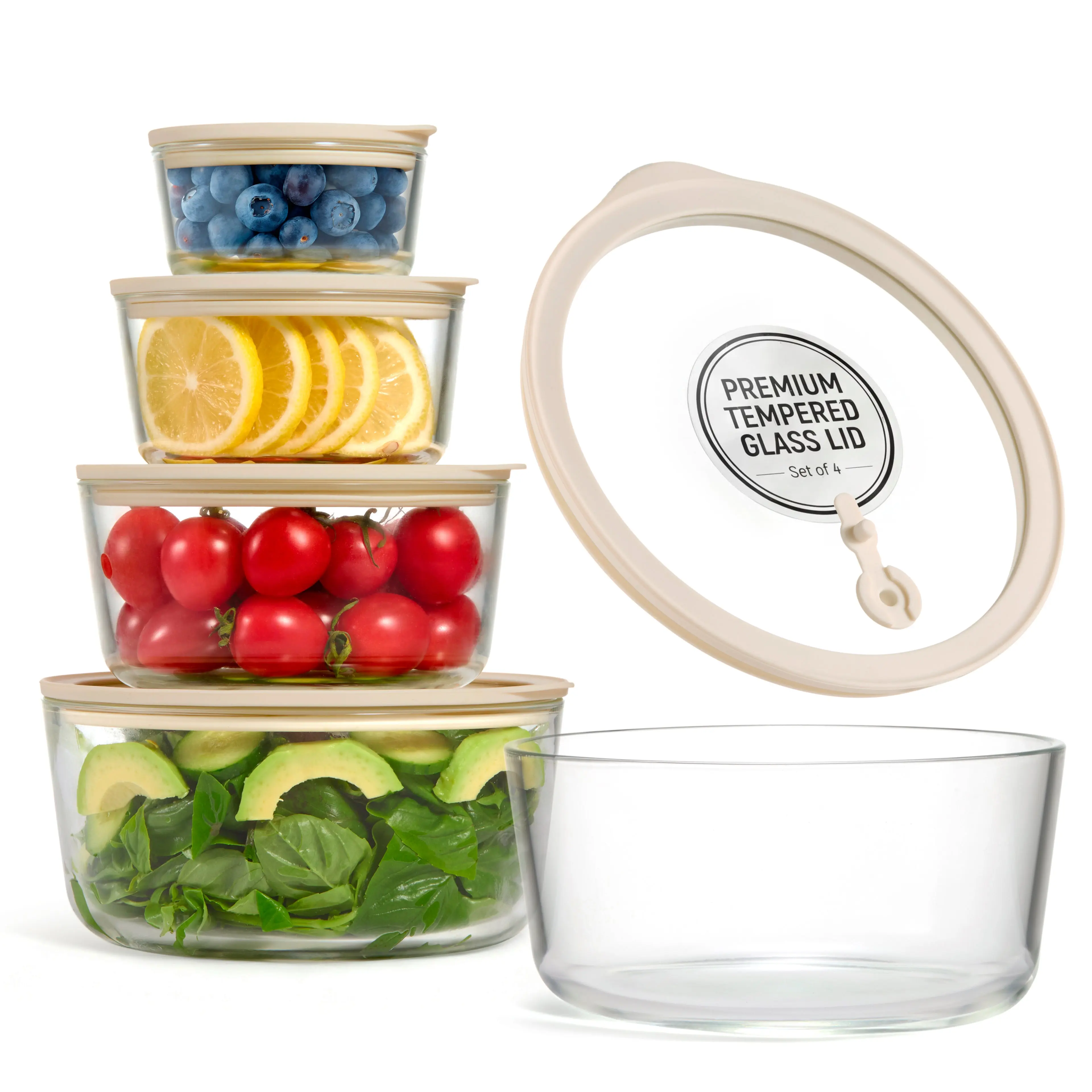Glass Nesting Bowl Set with Airtight Lids - 32 oz Clear/Sand Kitchen Oven-Safe Food Storage Kit, Food & Water Containers