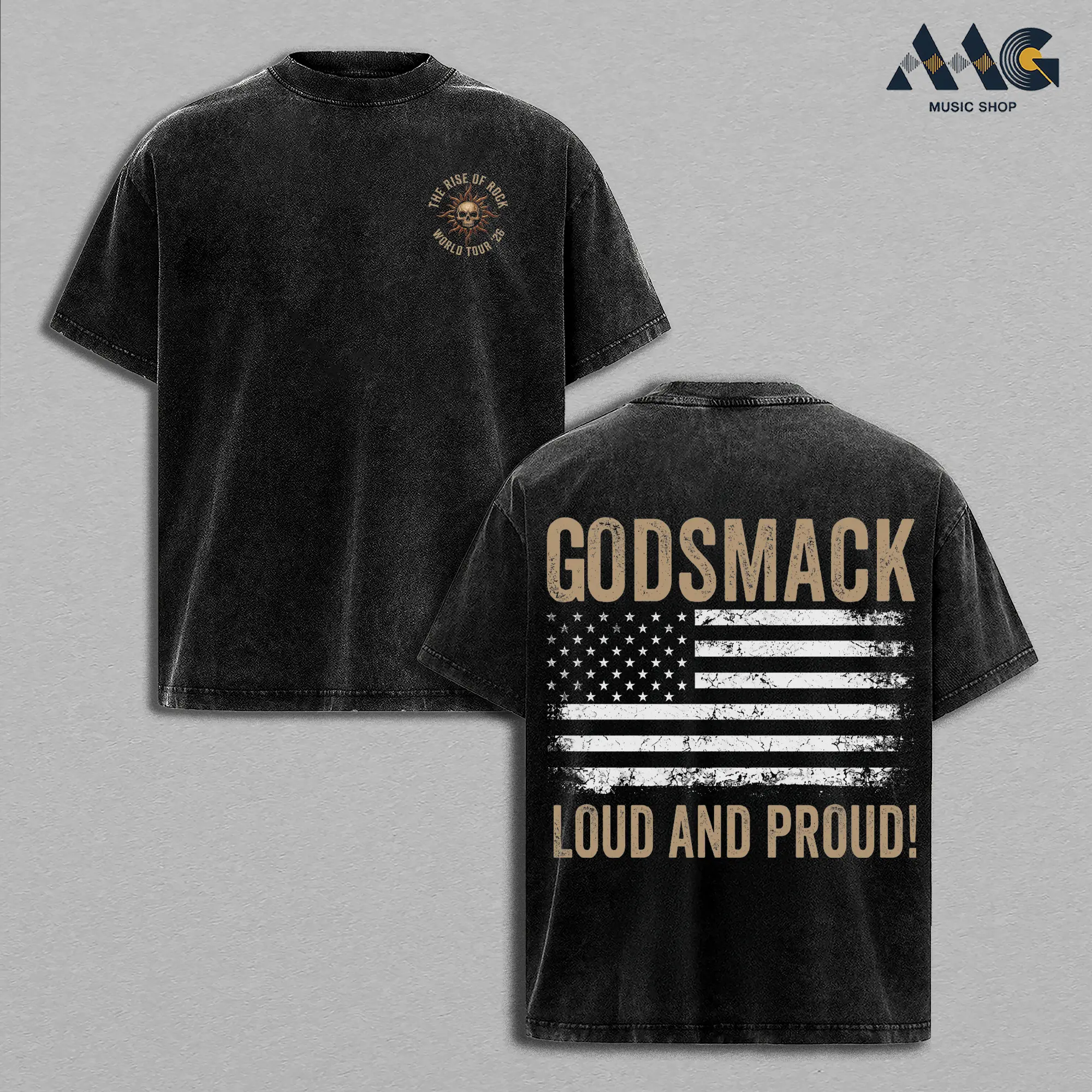 Godsmack Rise Of Rock World Tour '26 Distressed Flag Oversized Graphic Tee Men Casual Clothes, Heavyweight Cotton Unisex Shirt Good Graphic Tees, Soft Unisex Top for Everyday Wear, Post Grunge Heavy Metal, Trendy T-shirt Top Men's and Women's Clothing