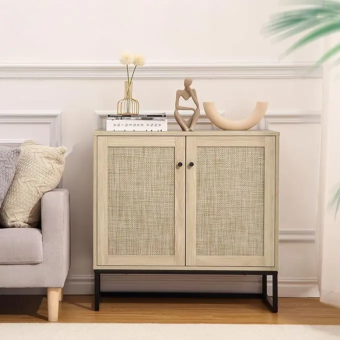 Sideboard Buffet Cabinet Rattan Storage Cabinet, Accent Cabinet with Rattan Doors Adjustable Shelves for Living Room Entryway, Kitchen, Dining Room