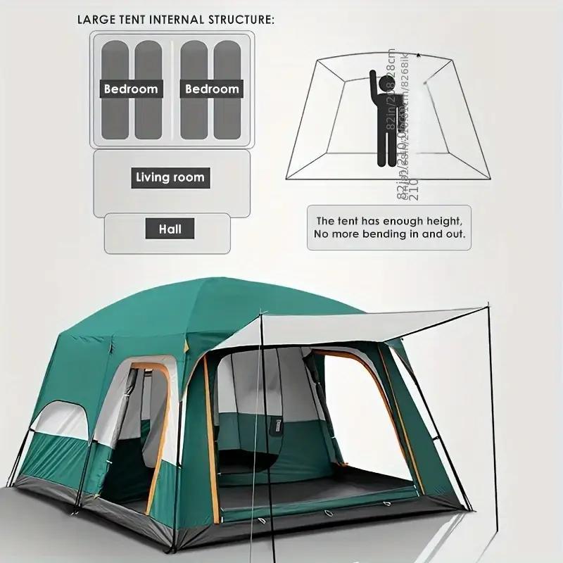 Extra Large Family Tent For 3-5 Spacious Divided Rooms Living & Bedroom Heavy Duty Waterproof Windproof Portable Folding Design Ideal For Camping Hiking Family Trips Green/Khaki Options