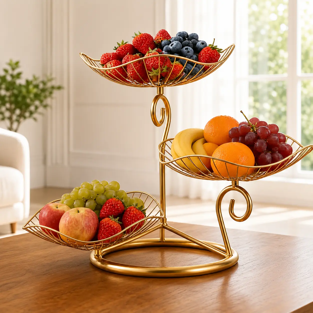 3-tier oval fruit basket with Metal Stand,Large Capacity Countertop Organizer for Fruits,Snacks & More,fruit stand,tier fruit vegetable basket
