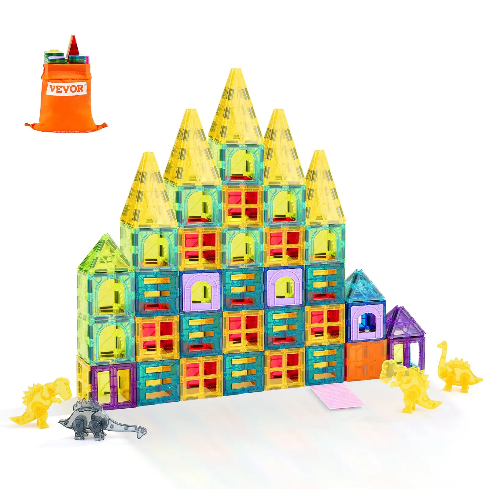 VEVOR Magnetic Tiles Building Set, 56 PCS Plastic ABS Durable Blocks with Strong Magnets, Rounded Edges, 4 Dinosaurs & Animals & Nature Theme, STEM Sensory Educational Toy for 3-4 Years Toddlers Gift