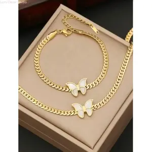 2 Piece Butterfly Jewelry Set Gold Cuban Link Chain Necklace and Bracelet with White Enamel Butterfly Charms for Women and Girls, Gifts For Women, Necklaces For Women