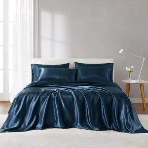 Madison Park Essentials MPE20-1141 108 x 102 x 0.13 in. Satin Luxury Sheet Set, Midnight Blue - California King Size