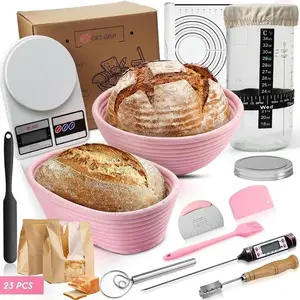 Sourdough Starter Kit – Sourdough Bread Baking Supplies – 34 Oz Starter Jar, 9″ Round & 10.5″ Oval Banneton, Bread(Pink)
