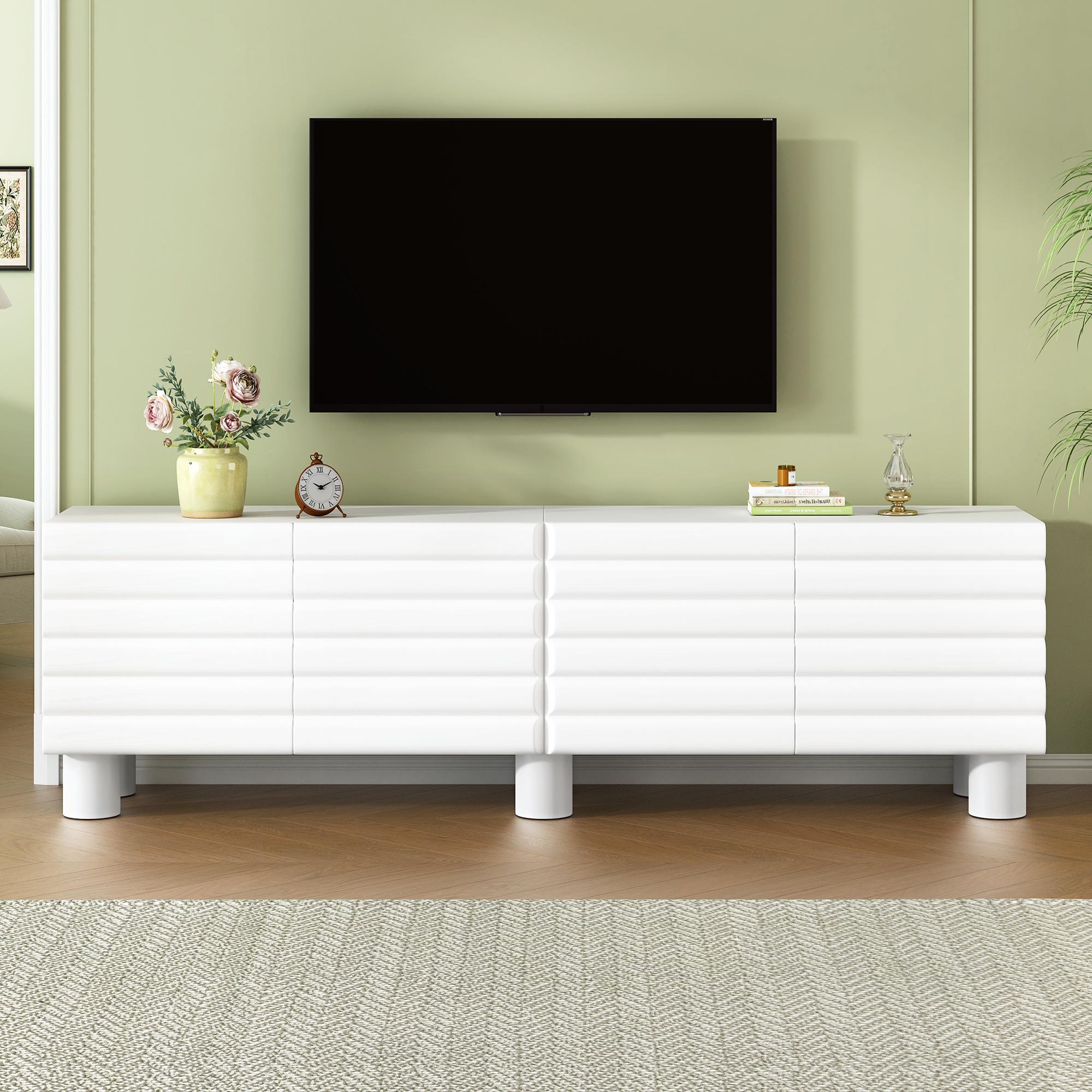 Modern Farmhouse MDF Wood Rectangular TV Stand - Cream White Single Unit for 75" TV, Wavy Door Media Console with Adjustable Shelves, 8 Cable Holes, Cylindrical Legs, Living Room Storage, Requires Assembly