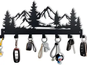 Metal Key Holder, Wall Mounted Key Hooks, Key Holder for Wall, Key Organizer Rack with 7 Hooks, Key Hanger Decor for Kitchen, Entryway, Hallway, Bedroom, Doorway (Mountain 12IN)