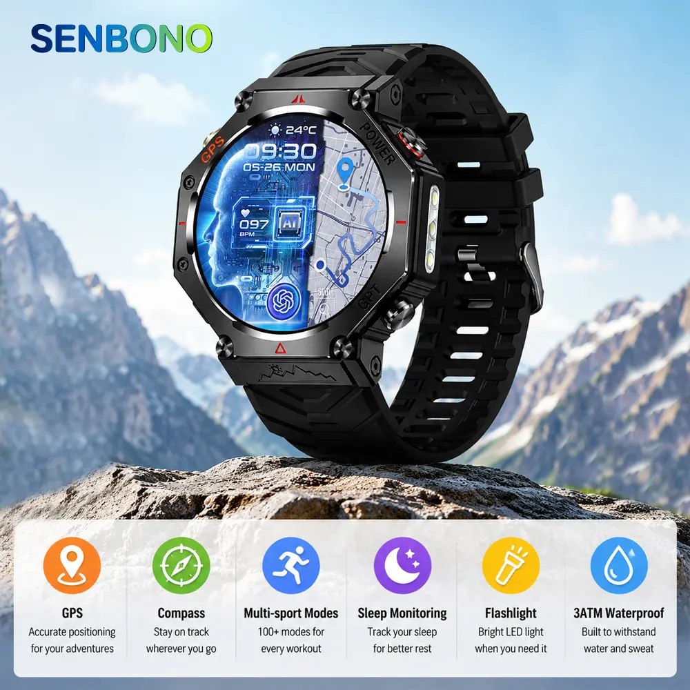 SENBONO Men's Sporty Round-Face Silicone-Alloy Health Fitness Smartwatch - 3ATM Waterproof, Touch-Screen, Multi-Parameter, Bluetooth, iOS & Android Compatible, GPS, GPT Compass, Wireless Calling, Climbing Mode, Wearable Tech, Batteries Included, Waterproo