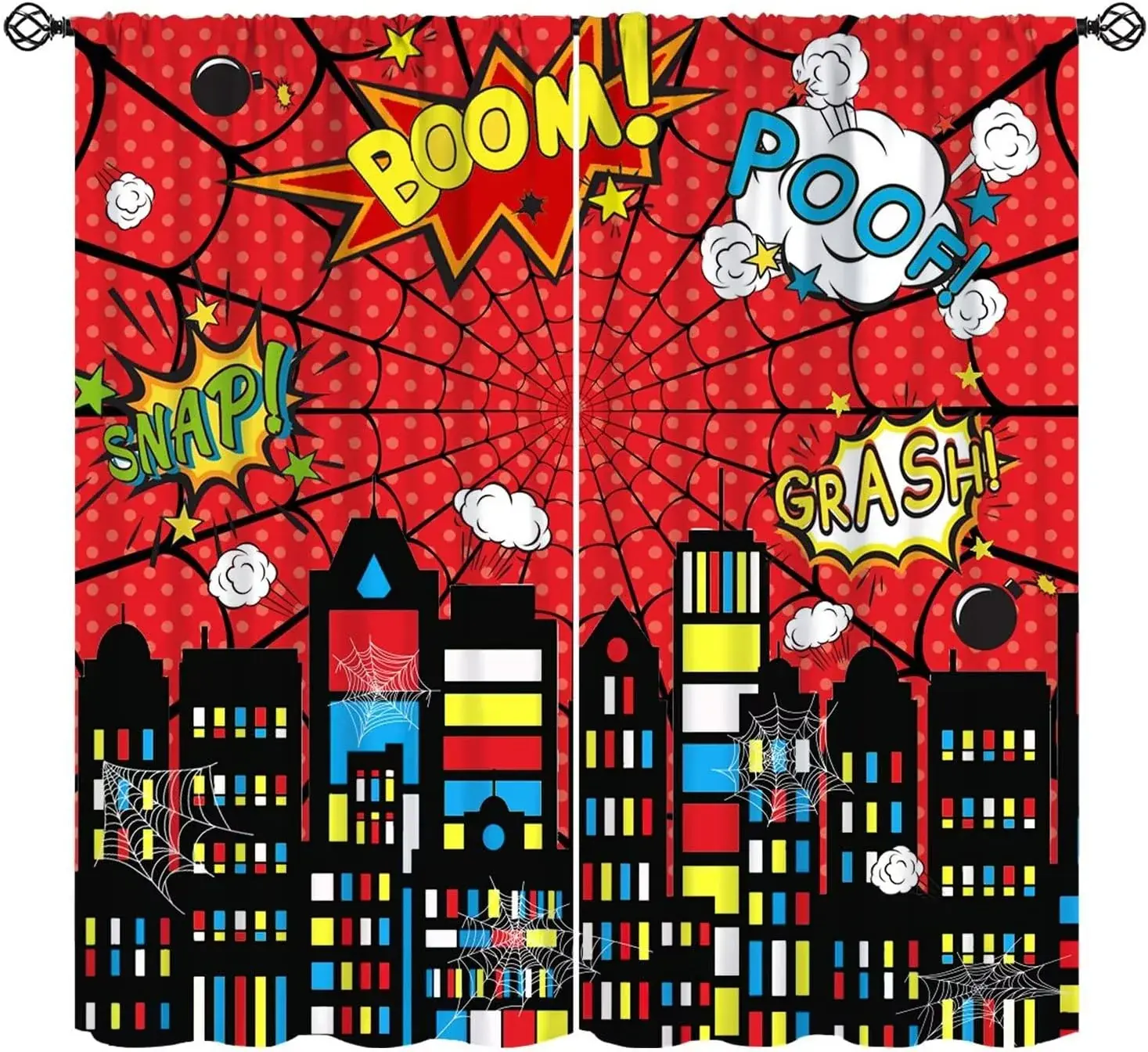 Super City Hero Kids Window Curtains Comic Style Cityscape Red Black Spider Web Window Drapes 42" W x 45" L