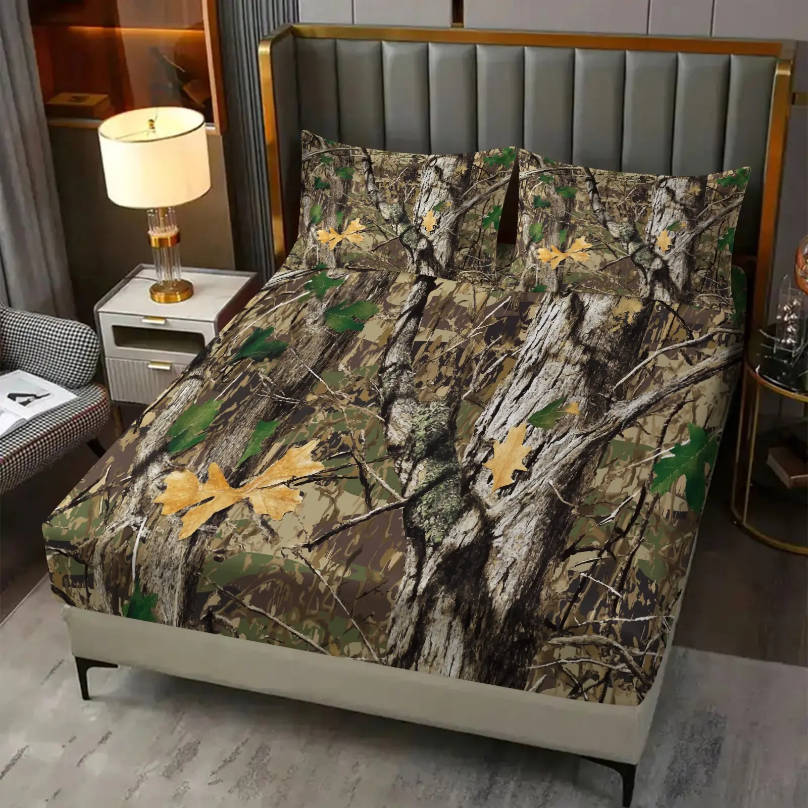 3Pcs Nature Camo Fitted Sheet Set No Fillers, Woodland Hunting Tree Print Bed Sheet Set, Camouflage Printed Bedding Set with Pillowcases for Men Boys Hunting Cabin Bedroom Decor
