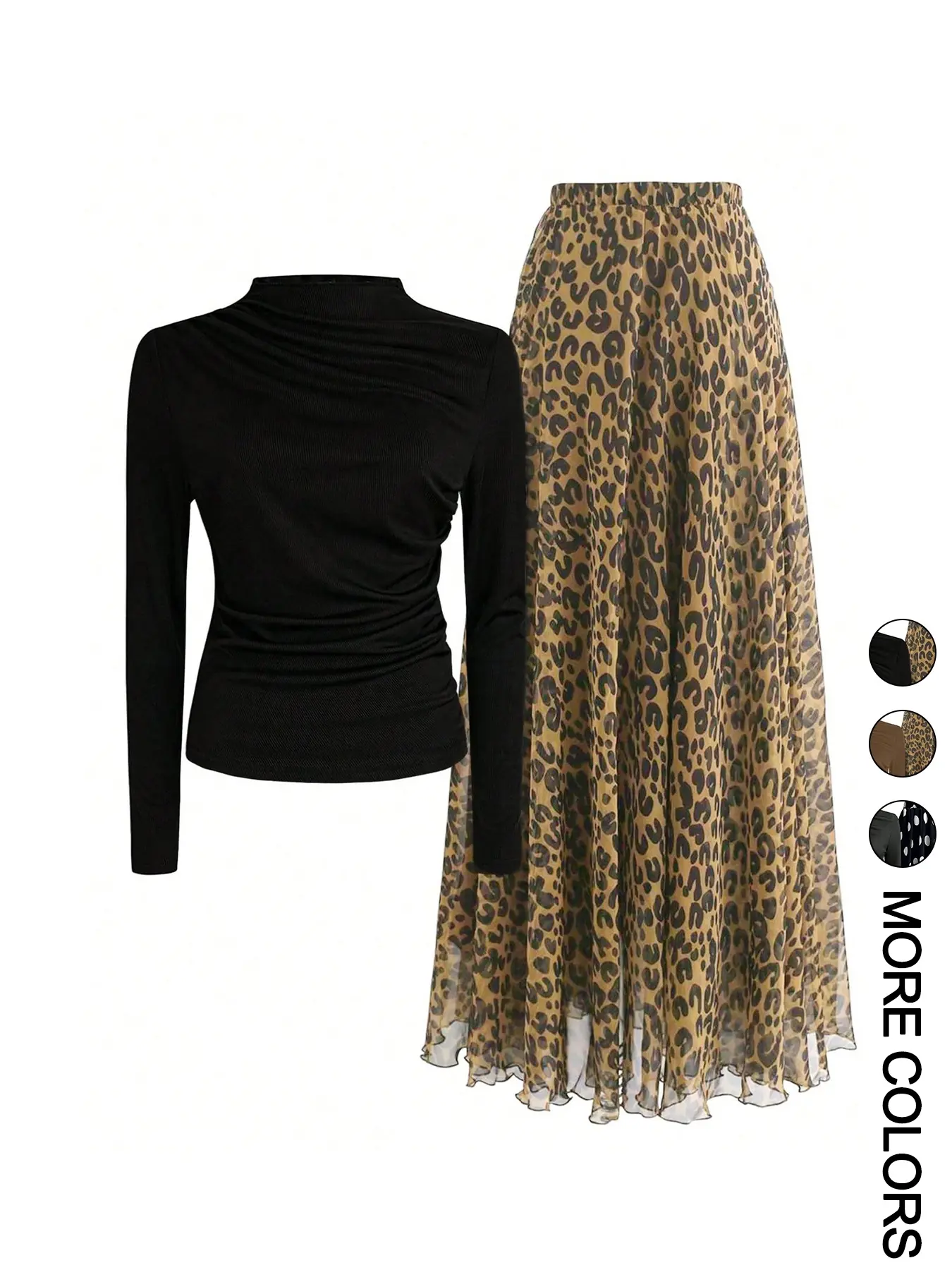 Women's Casual Fashion Set Two-Piece Set Outfit, Solid Color Round Neck Long Sleeve T-Shirt & Leopard Print Skirt, All Season Fitted Style, Womenswear Top Clothes, Lady, Chic Skirt Sets, Matching Clothing Set, Two Pieces Sets