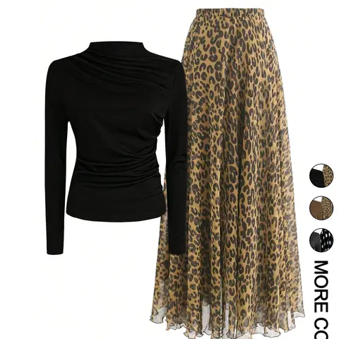 Women's Casual Fashion Set Two-Piece Set Outfit, Solid Color Round Neck Long Sleeve T-Shirt & Leopard Print Skirt, All Season Fitted Style, Womenswear Top Clothes, Lady, Chic Skirt Sets, Matching Clothing Set, Two Pieces Sets