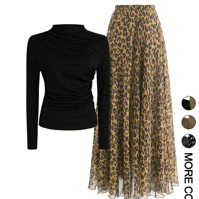 Women's Casual Fashion Set Two-Piece Set Outfit, Solid Color Round Neck Long Sleeve T-Shirt & Leopard Print Skirt, All Season Fitted Style, Womenswear Top Clothes, Lady, Chic Skirt Sets, Matching Clothing Set, Two Pieces Sets
