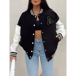 Women's Letter Patched Long Sleeve Collared Jacket, Jackets for Women, Sports Jacket, Lady Button Front Varsity Jacket, Preppy Casual Mock Neck Outerwear, Cozy Fall Outfits, Womenswear Casual Jacket Downtown Girl Clothes, Coat for Women
