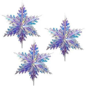 3 Pack Holographic Snowflake Hanging Decoration, Shiny Iridescent White Foil Ceiling Decorative Ornament Unicorn Theme Decorations for Decorating Fairy Frozen Theme Party