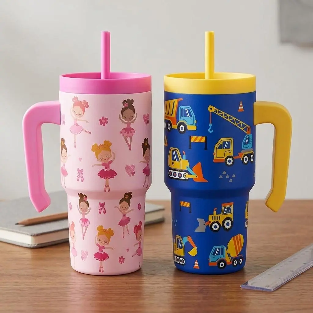 SANDJEST Sturdy Colorful Kids Theme 20oz Stainless Steel Tumbler with Silicone Straw, Half Handle, Lid, Double-Wall Insulated Reusable Back-to-School Gift Cup