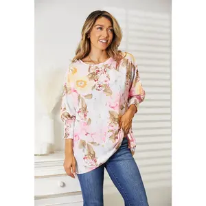 Double Take Floral Round Neck Three-Quarter Sleeve Top Polyester Shirts