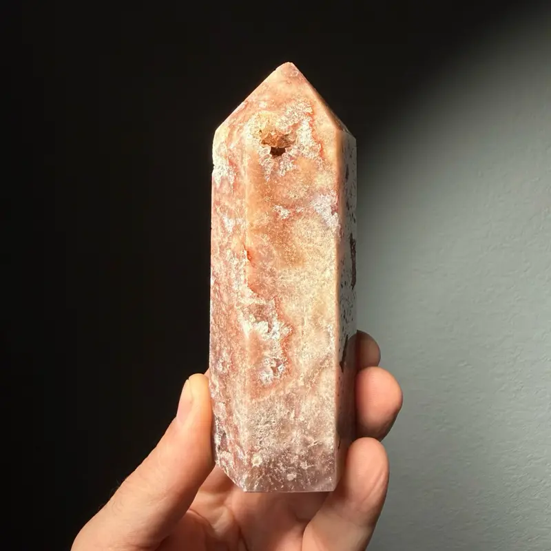 Pink Amethyst Crystal Tower, Peach Pink Druzy Point, Natural Quartz Crystal with Druzy Pockets, Collector Mineral Specimen