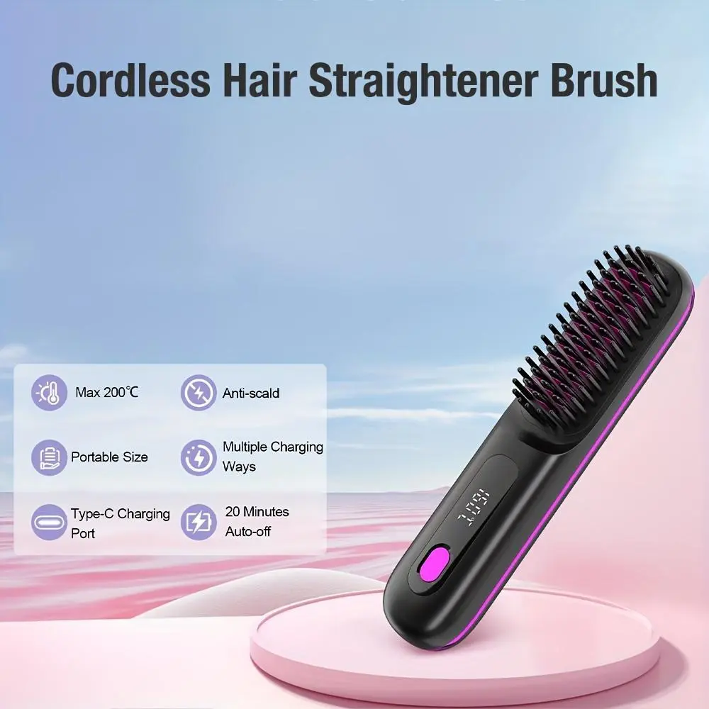 2-in-1 Cordless Hair Straightening Brush - Straightener Comb, USB Rechargeable, Heat Protect, No Damage, Quick Natural Curling Hair Tool for Multifunctional Styling, Hair Tools