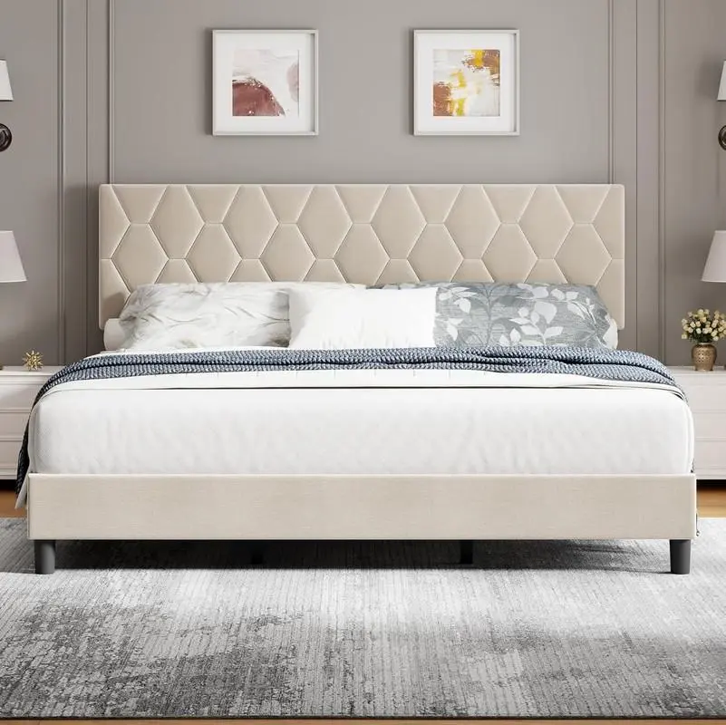 Gaomon King Size Foam-Padded Upholstered Adjustable Headboard Metal Platform Bed Frame - Heavy-Duty Modern Platform Bed, Diamond Block Design, Strong Wood Slats, No Box Spring Needed, Noise-Free, Easy Setup