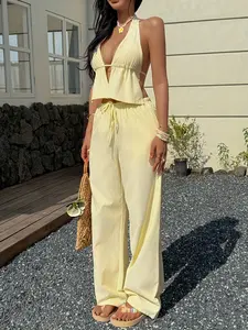 Fashion Women Striped Halter Backless Top + Long Pants Set, Sexy Office, Perfect for Vacation, Date, Outdoor Wear