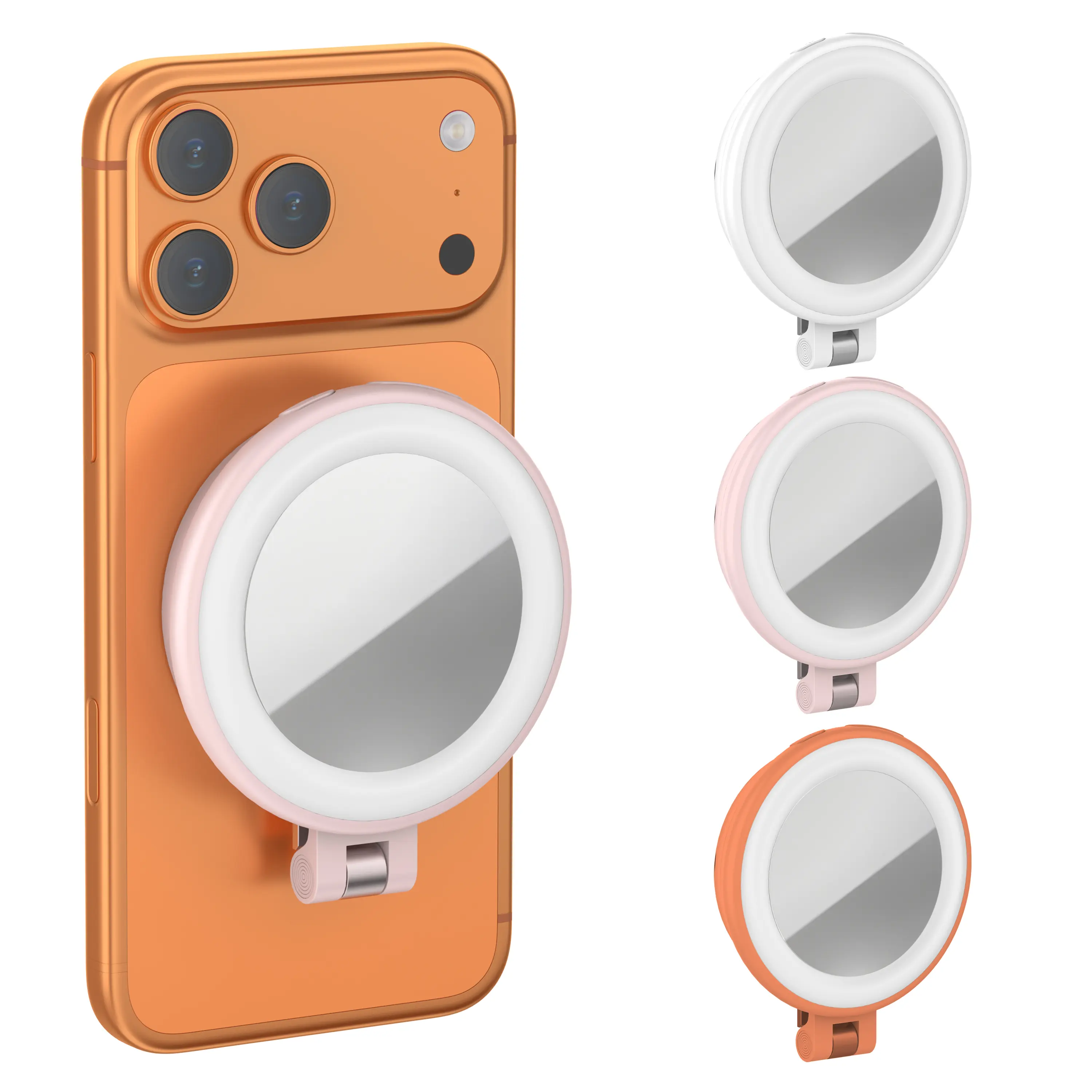 Magnetic Selfie Light  Makeup Mirror & 180° Flip, 3000K-6000K Dimmable LED Ring Fill Light for iPhone 12-17 & Android (Ring Inc.), 600mAh Rechargeable Portable Phone Light for TikTok Vlog Makeup Selfie Video Call Travel (White/Pink/Orange)