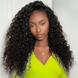 Vinisay Deep Wave Half Wig Human Hair 3 In 1 Drawstring Seamless Filp Over Curly Half Wig 200% Density Wear and Go Glueless Headband Wig Human Hair Beginner Friendly for Women Natural Color 22 Inch