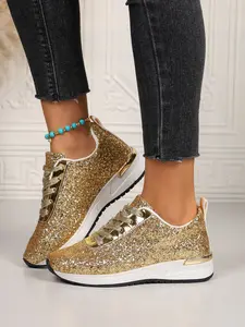 Women's Spring New Round Toe Wedge Heel Shoes, Sequins, Casual Comfortable Walking Shoes, Versatile Commute Sports Shoes