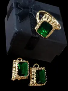 Gold Plated Emerald Green CZ Jewelry Set | Vintage Style Ring & Earrings | Approx. 16mm