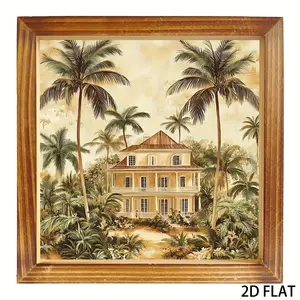 1pc Charming Tropical Palm House Wooden Frame Sign 8x8 Inch – Rustic Beach House Wall Art with Vibrant Palm Trees and Architectural Design, Perfect for Living Room, Office Desk, or Holiday Gift Decoration, Coastal Home Décor