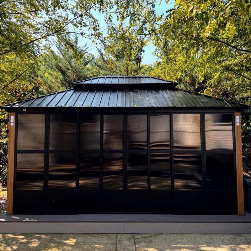 PURPLE LEAF 12' x 16' Hardtop Gazebo For Patio | Screen House Wood Grain Aluminum Solarium Canopy